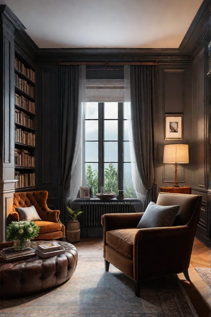 Cozy living room with fireplace and comfortable armchair