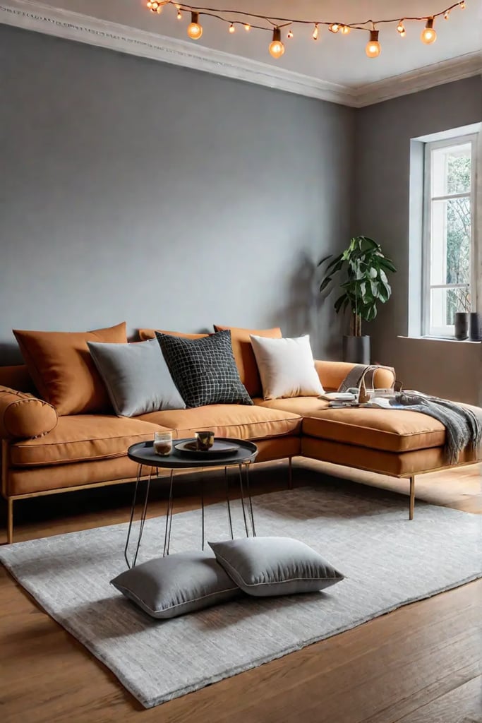 Cozy living room with string lights and floor cushions