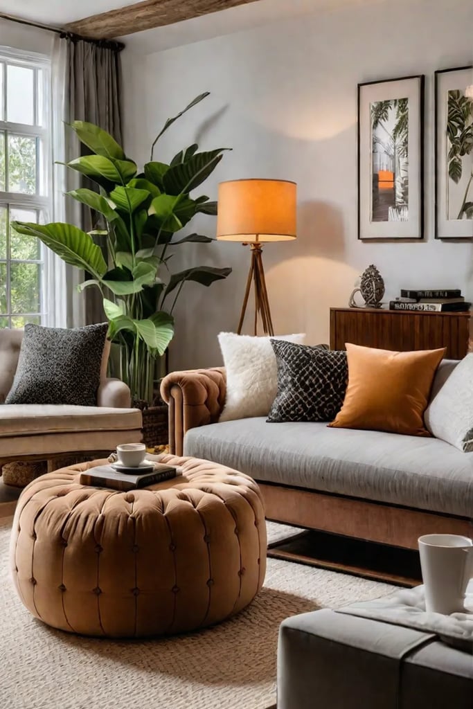 Cozy living room with warm lighting and thrifted decor