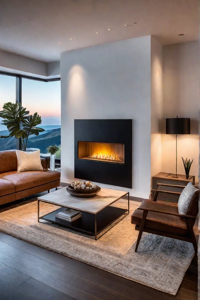Cozy living room with warm wood tones and a fireplace