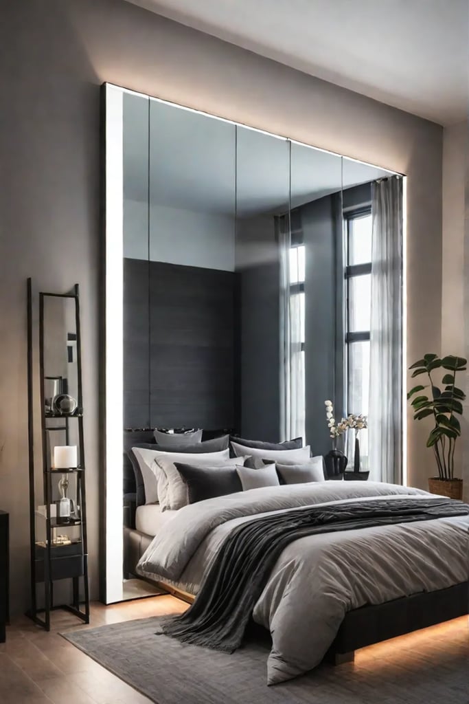 Cozy modern bedroom with warm color palette and mirror