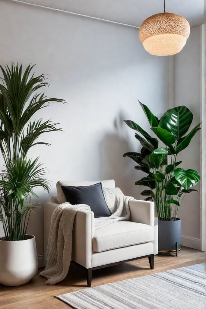 Cozy reading nook with layered textiles and a floor lamp