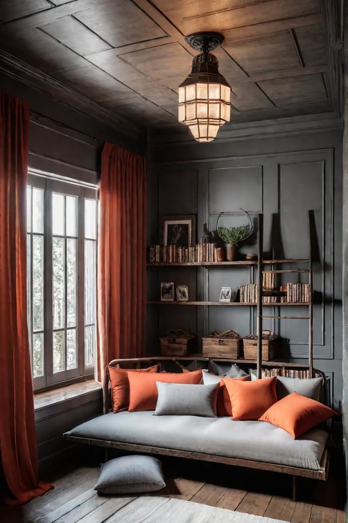 Cozy rustic bedroom nook with daybed and vintage lighting