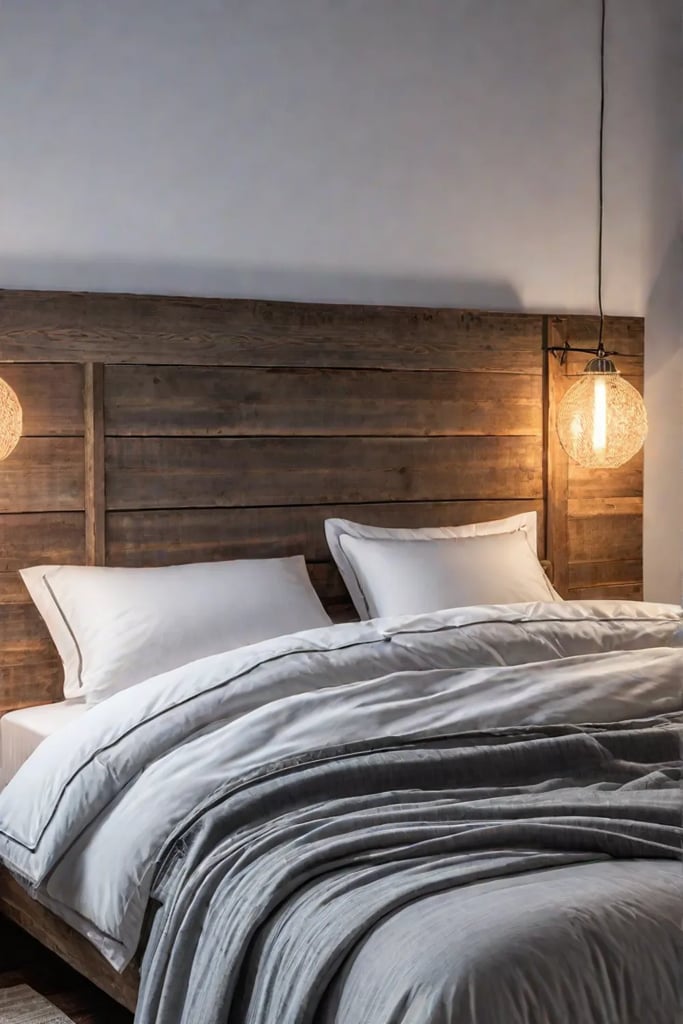 Cozy rustic bedroom with plush bedding and warm lighting