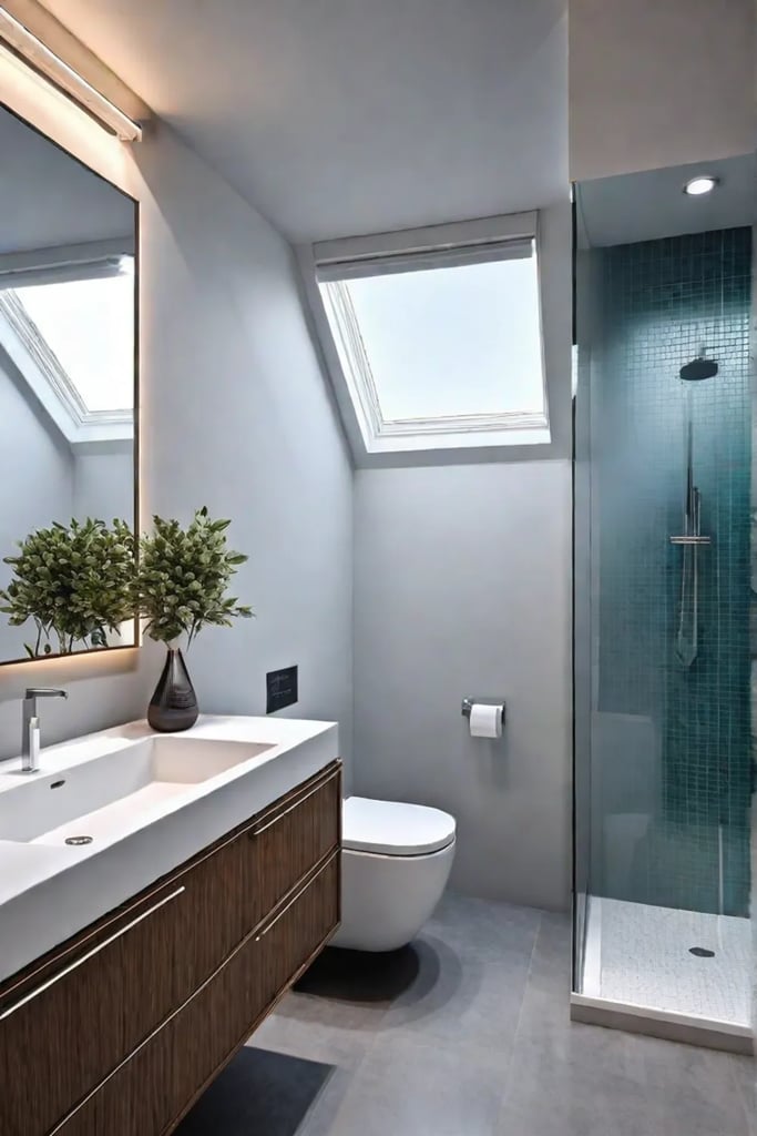 Cozy small bathroom with floating vanity and natural light