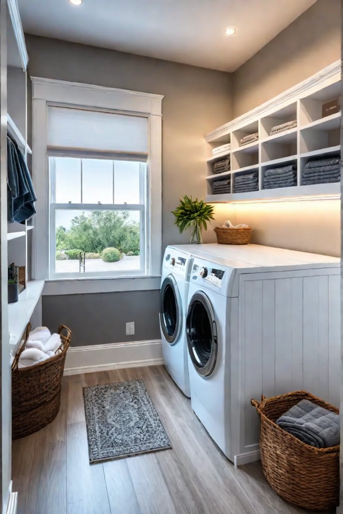 Cozy laundry nook with decorative accents and storage solutions
