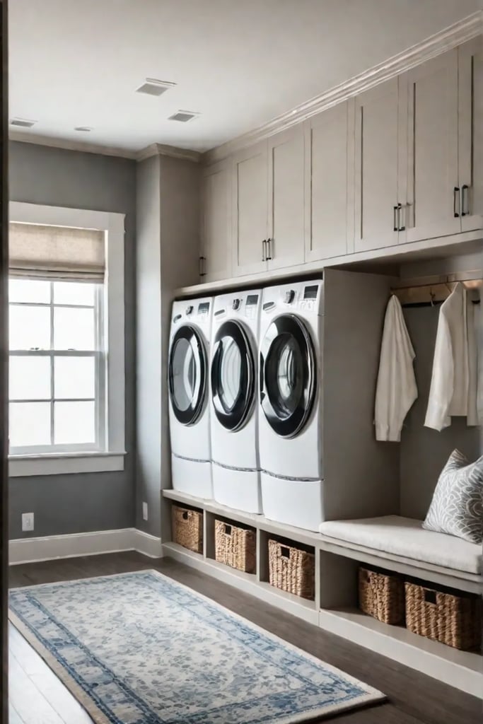 Cozy laundry room with builtin bench and gallery wall