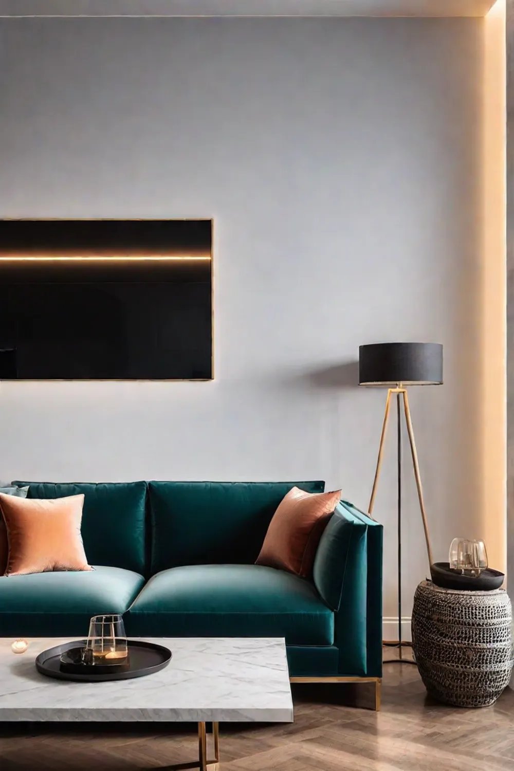 Cozy living room with a relaxing ambiance created by floor and table lamps