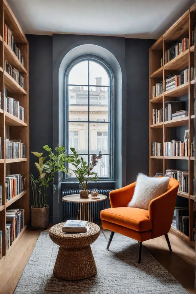 Cozy living room with gallery wall and bookshelf