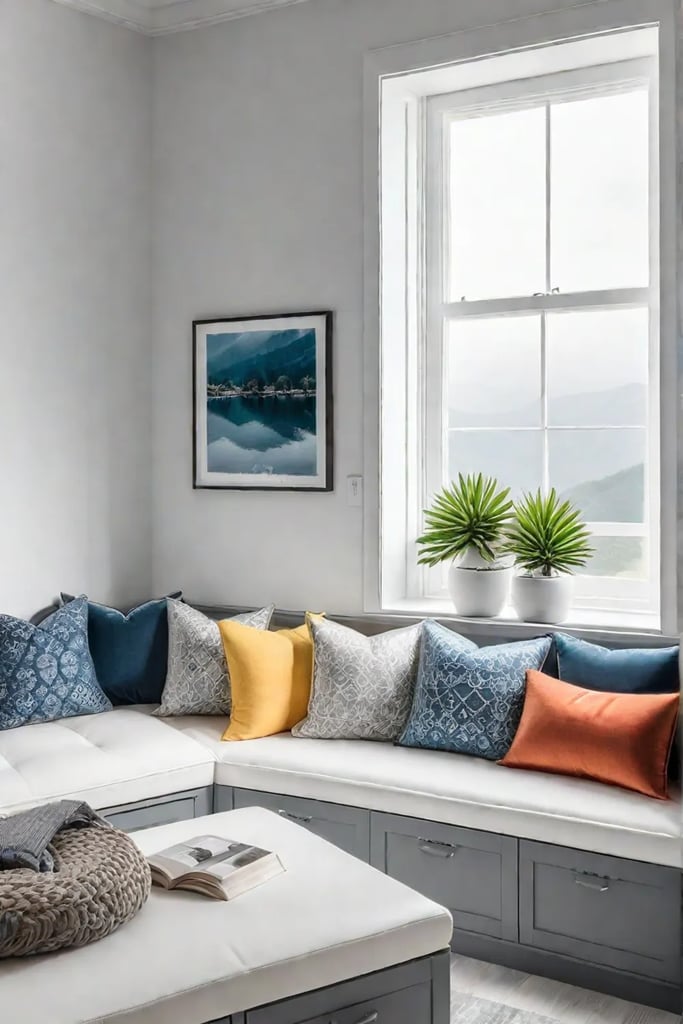 Cozy reading nook with natural light and builtin storage