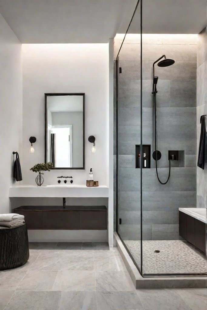 Curbless shower with handheld showerhead and natural stone tile