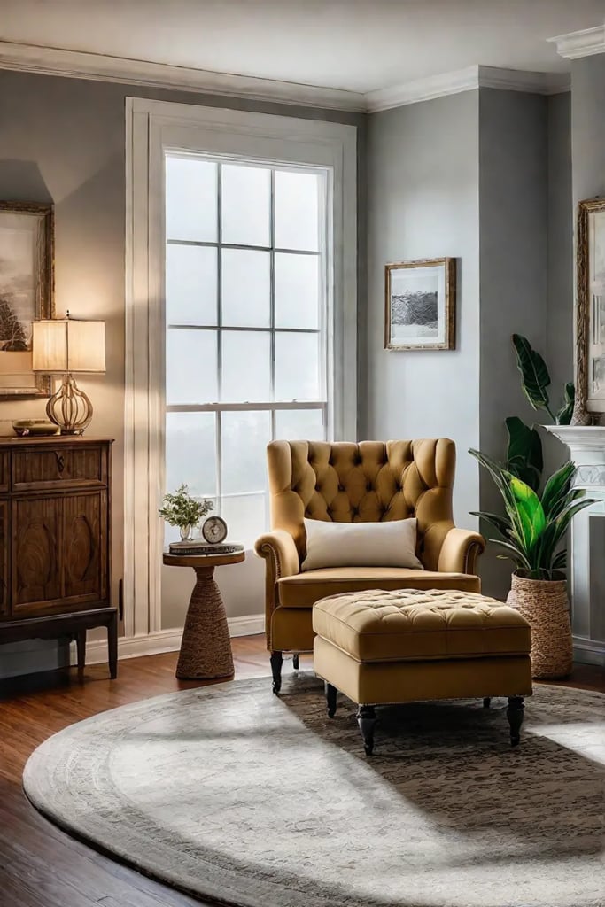 DIY upholstered armchair in a cozy living room with a gallery wall