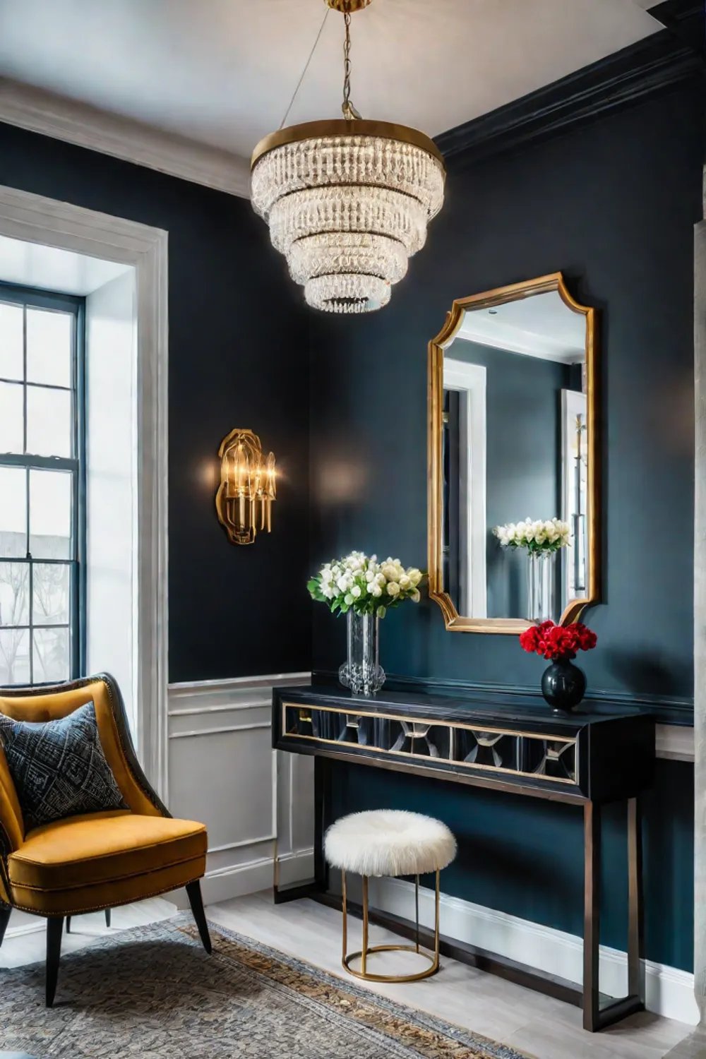 Dramatic small living room with contrasting shelves and mirrors