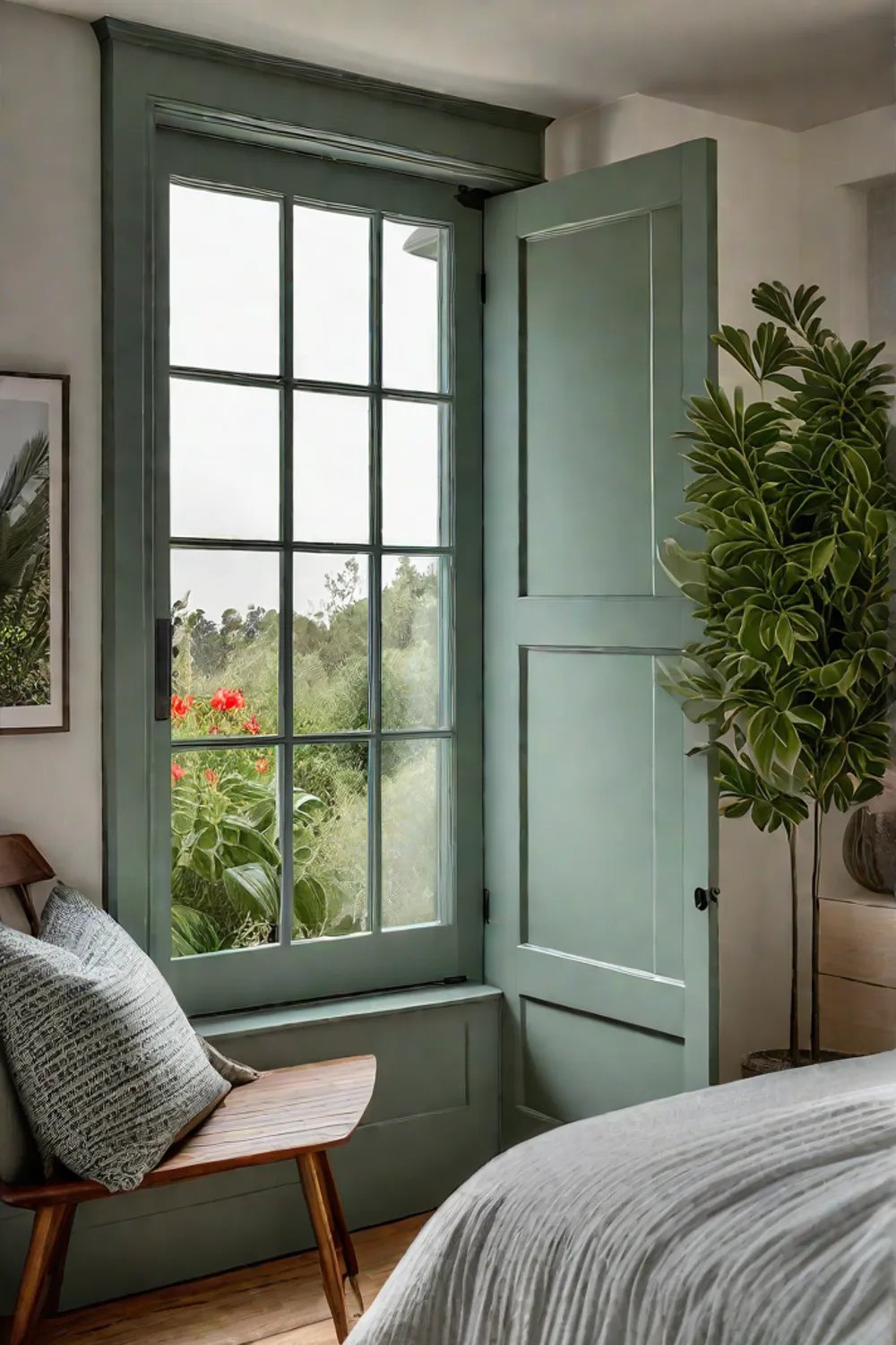 Dutch door in a rustic bedroom with garden view