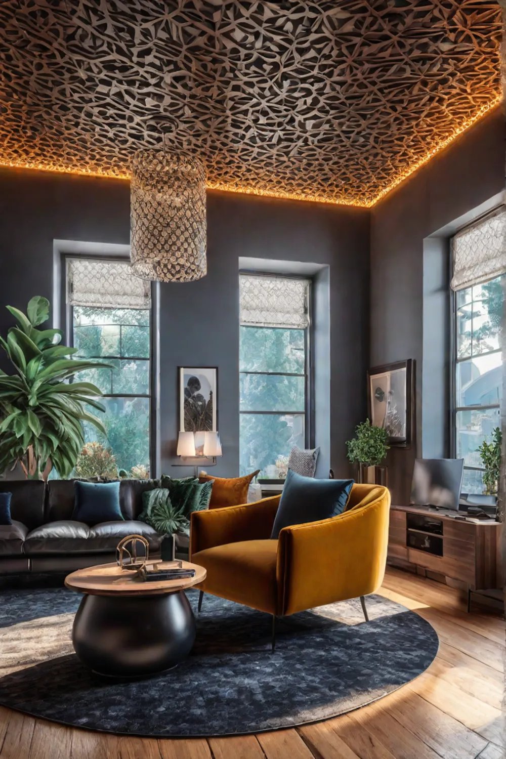 Dynamic and energetic small living room with an experimental color scheme