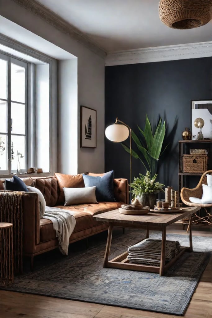 Earthy boho chic living room with natural materials and global influences