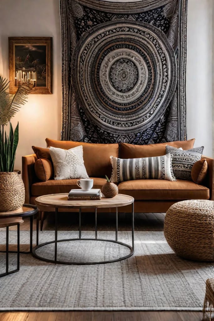 Earthy boho chic living room with woven textiles and ethnic prints