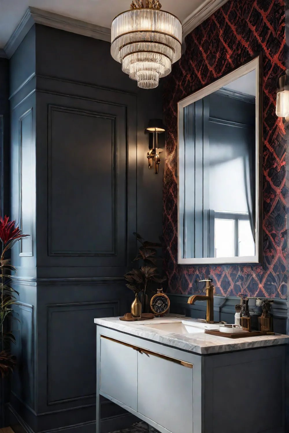 Eclectic bathroom with bold lighting