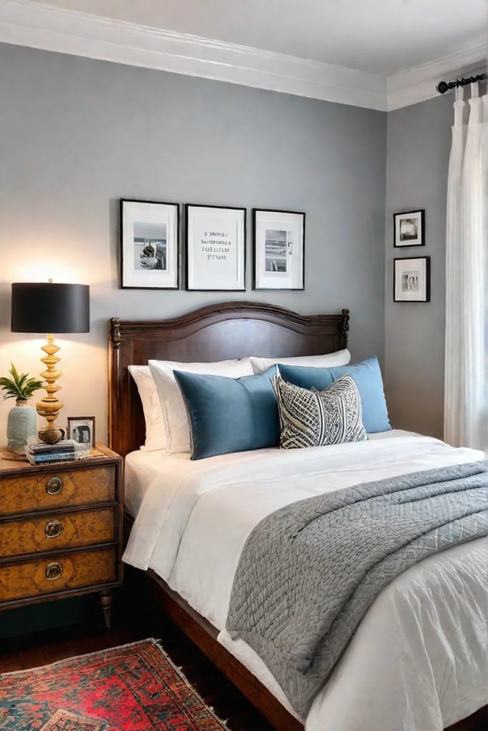 Eclectic bedroom with thrifted decor and gallery wall