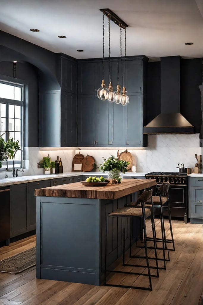 Eclectic kitchen with butcher block island countertop and industrial lighting