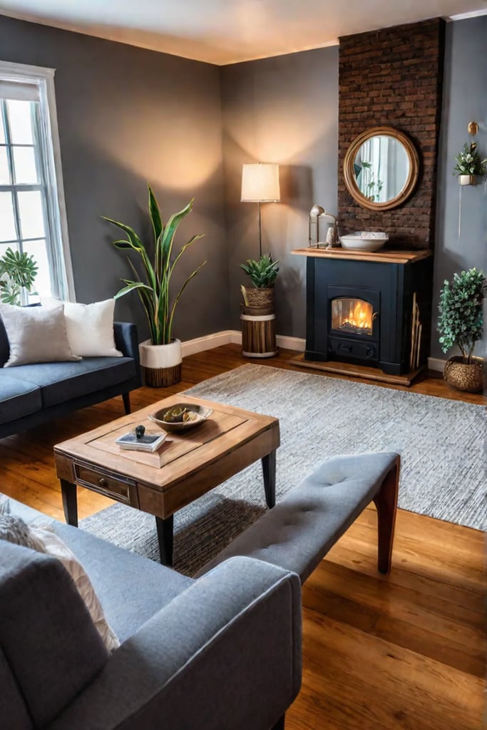 Eclectic living room with thrifted furniture and DIY accents