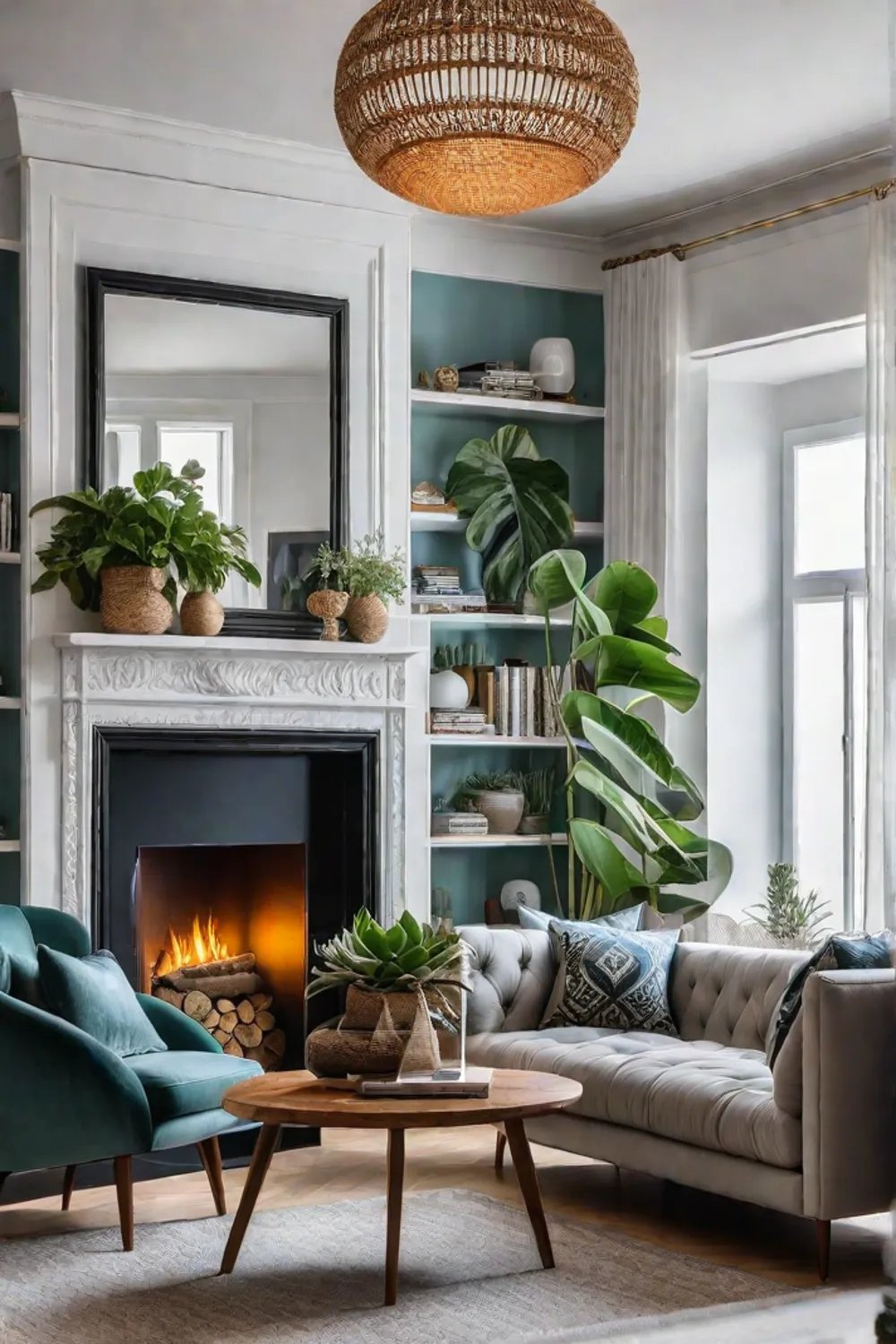 Eclectic living room with mixed vertical storage solutions