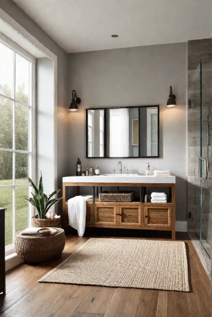Ecofriendly farmhouse bathroom with bamboo flooring