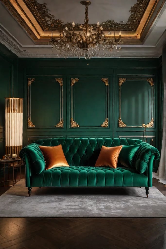 Emerald green sofa in a cozy living room