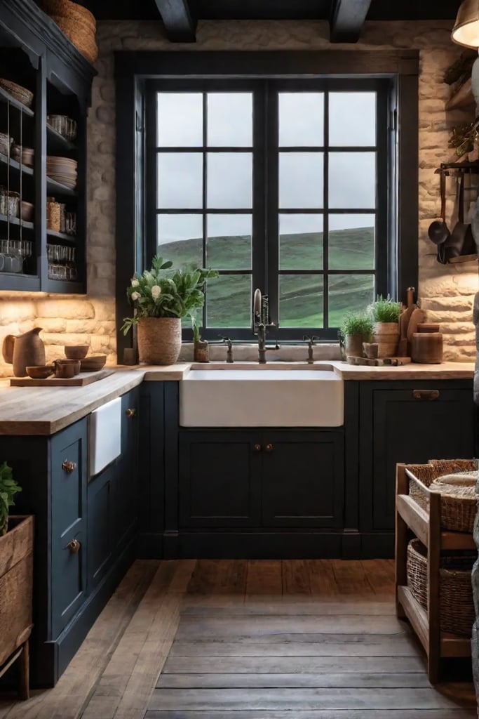 English cottage kitchen with a vintage sink and a mix of natural materials