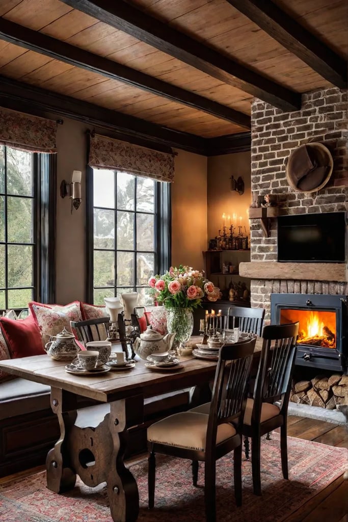 English cottage kitchen with brick fireplace and breakfast nook