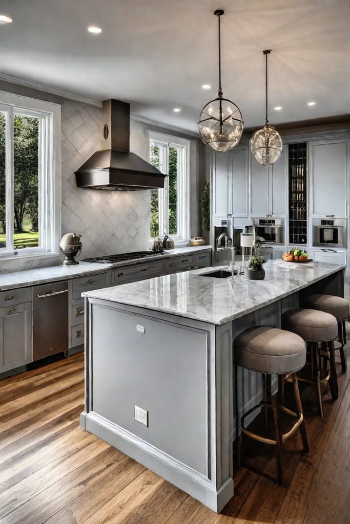 Expansive kitchen island with double sink and two dishwashers