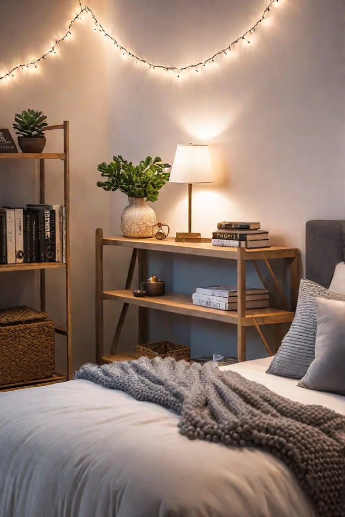 Fairy lights and table lamp creating ambient lighting in a reading nook