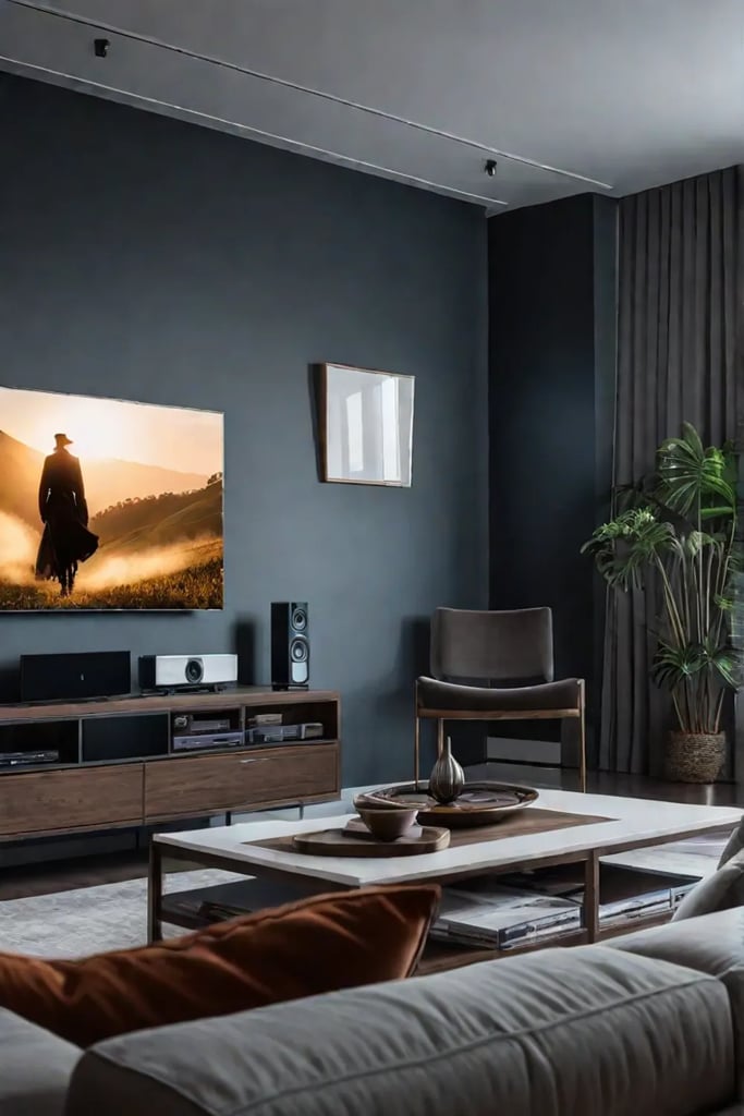 Family enjoying movie night in a living room with automated lighting and