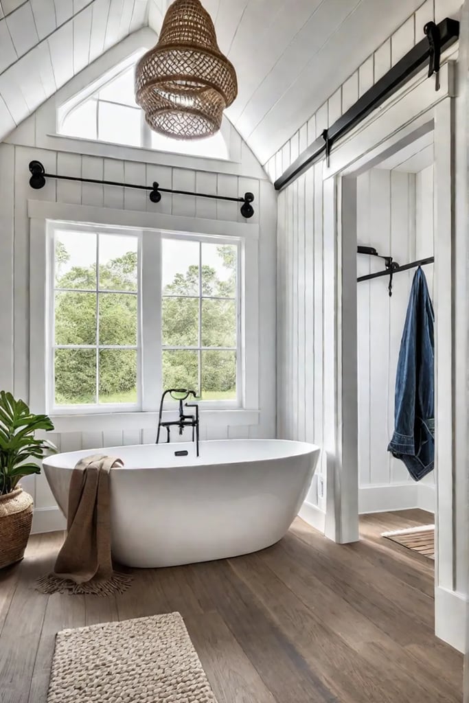 Farmhouse Bathroom with Beadboard Walls and Barn Door