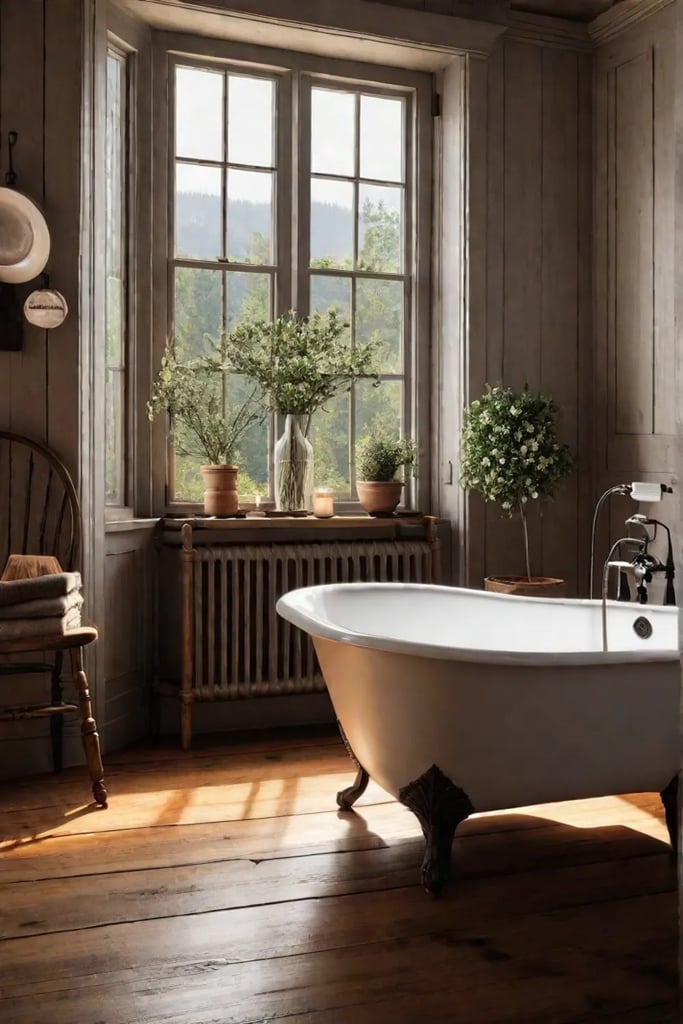 Farmhouse Bathroom with Clawfoot Tub and Farmhouse Table