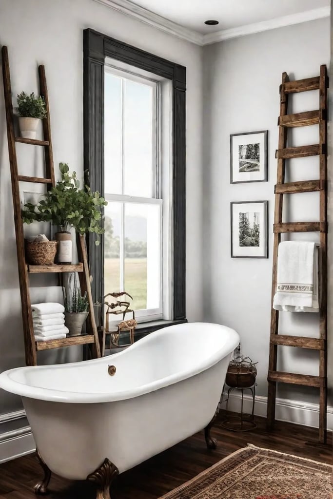 Farmhouse Bathroom with Clawfoot Tub and Wooden Ladder