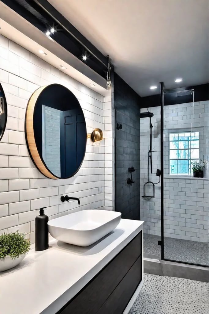 Farmhouse Bathroom with Floating Vanity and WalkIn Shower