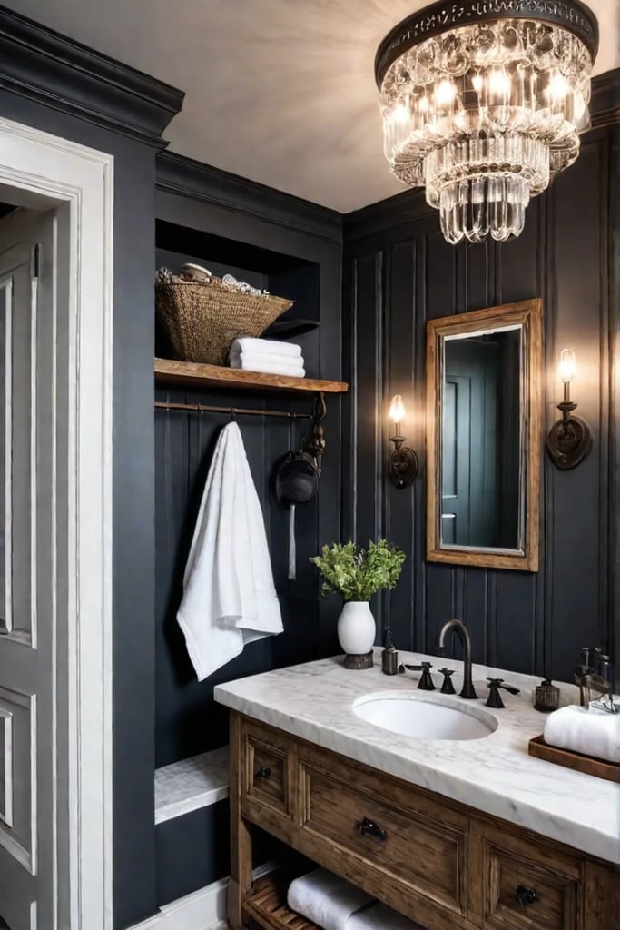 Farmhouse Bathroom with Marble Vanity and Chandelier