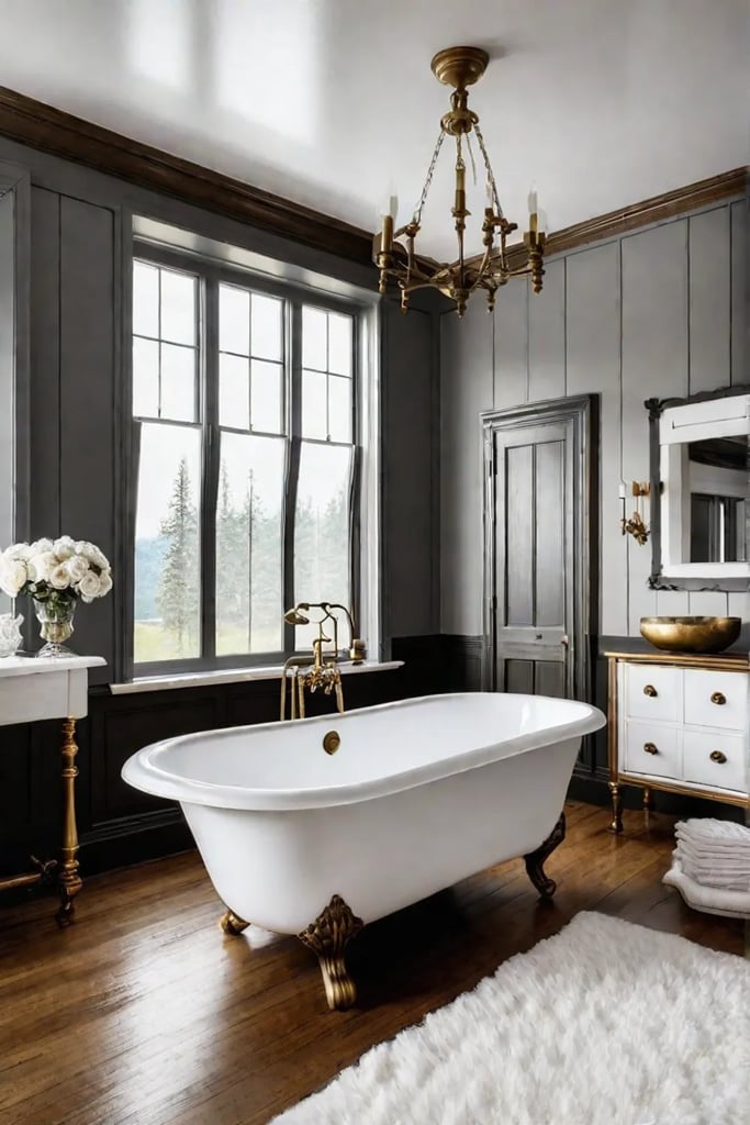 Farmhouse bathroom with brass hardware and clawfoot tub