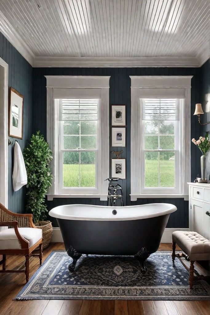 Farmhouse bathroom with clawfoot tub and seating area