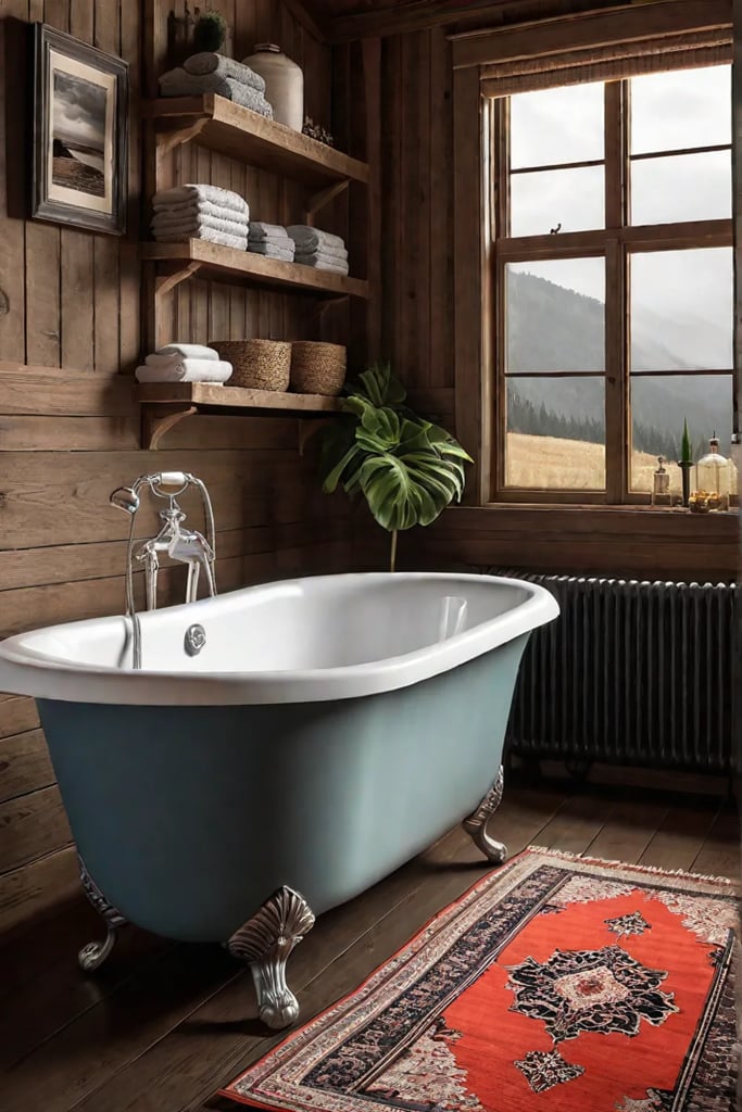 Farmhouse bathroom with clawfoot tub and shiplap wall