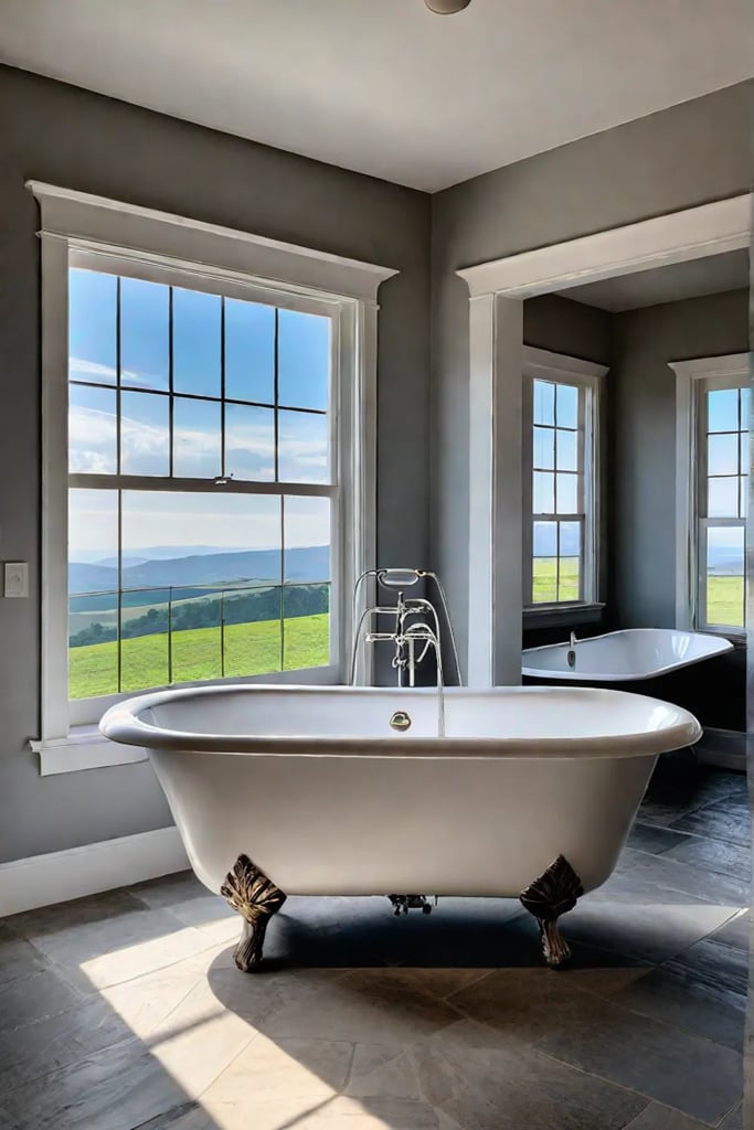 Farmhouse bathroom with clawfoot tub and stone floor
