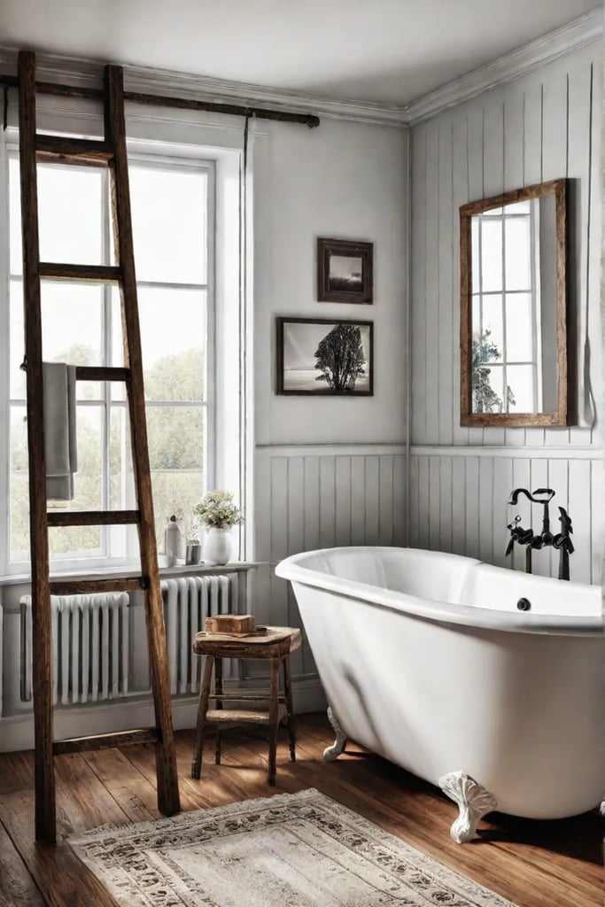 Farmhouse bathroom with farmhouse sink and wooden ladder