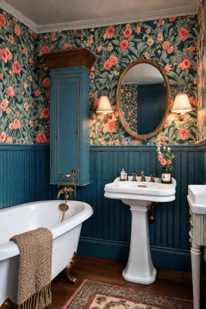 Farmhouse bathroom with floral wallpaper and pedestal sink