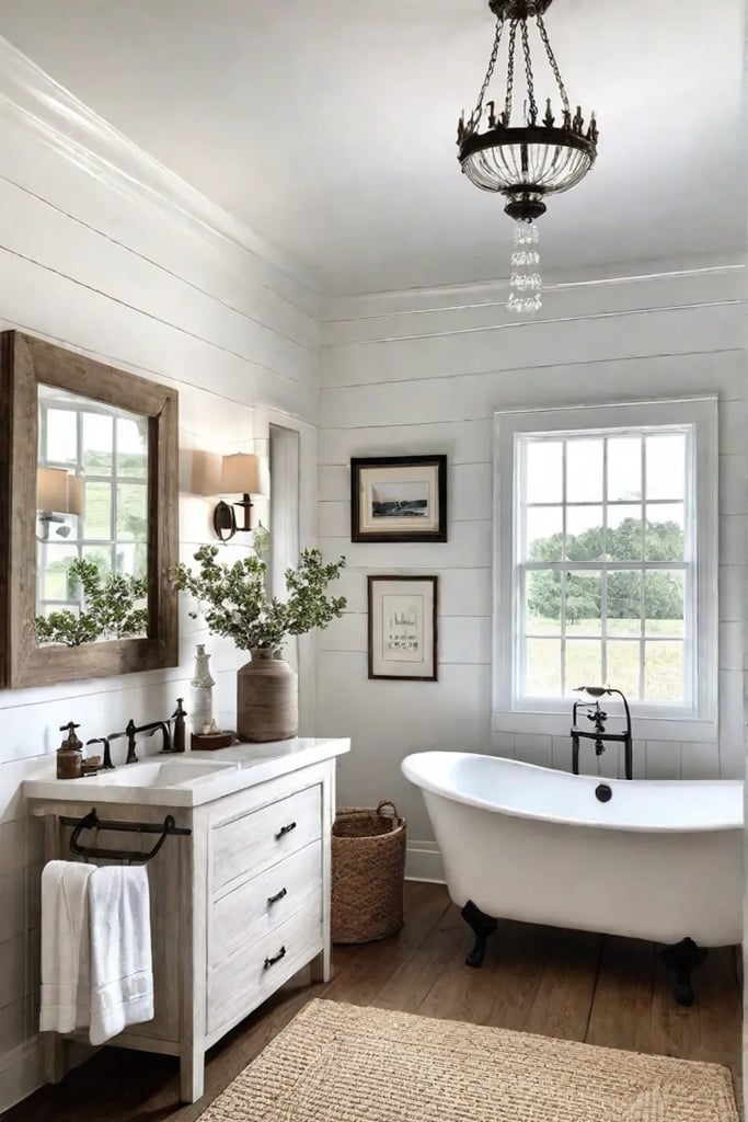 Farmhouse bathroom with freestanding tub and shiplap walls