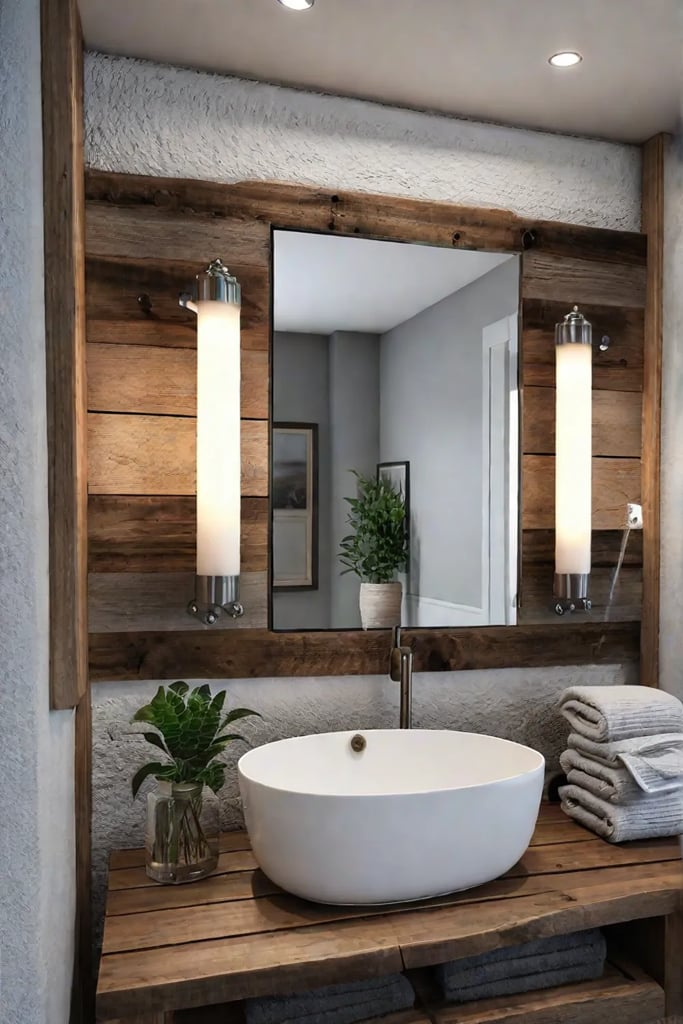 Farmhouse bathroom with reclaimed wood shelf and vintage sconce