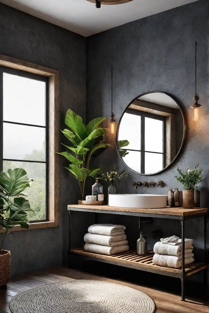 Farmhouse bathroom with rustic vanity and metal shelf