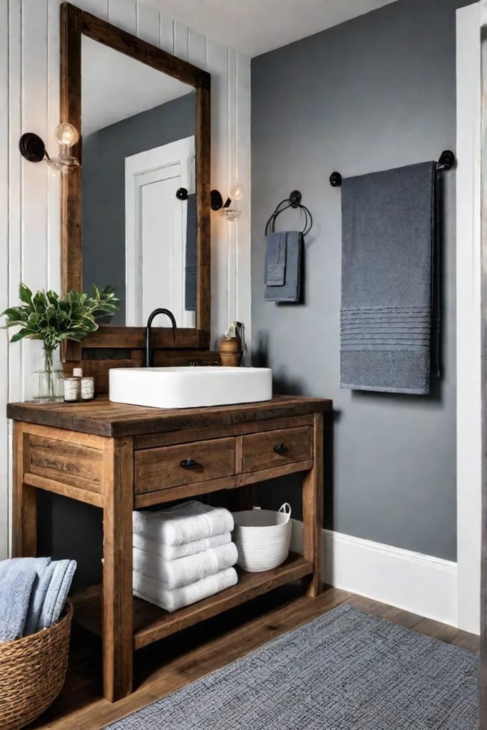 Farmhouse bathroom with rustic vanity and reclaimed wood towel rack