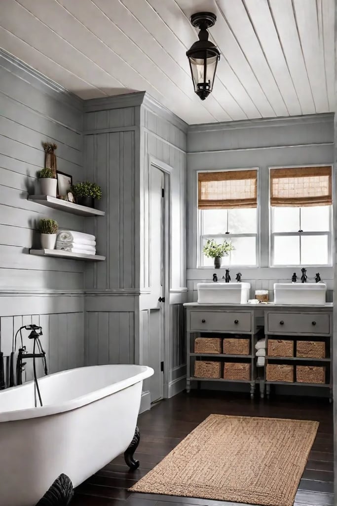 Farmhouse bathroom with shiplap ceiling and beadboard walls