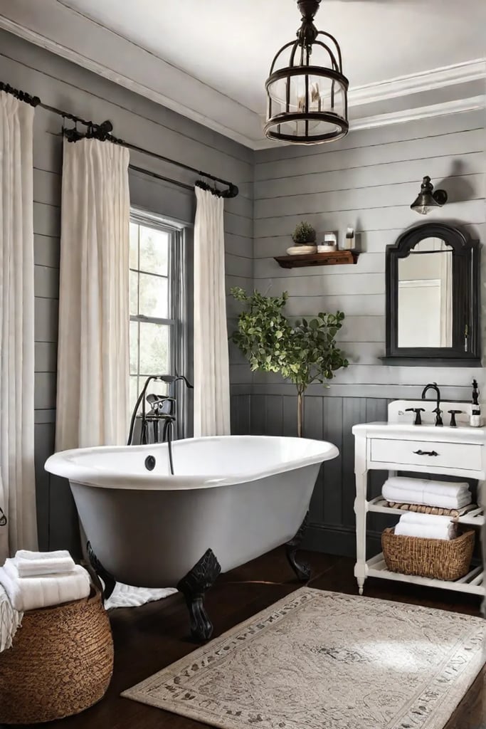 Farmhouse bathroom with shiplap ceiling and clawfoot tub